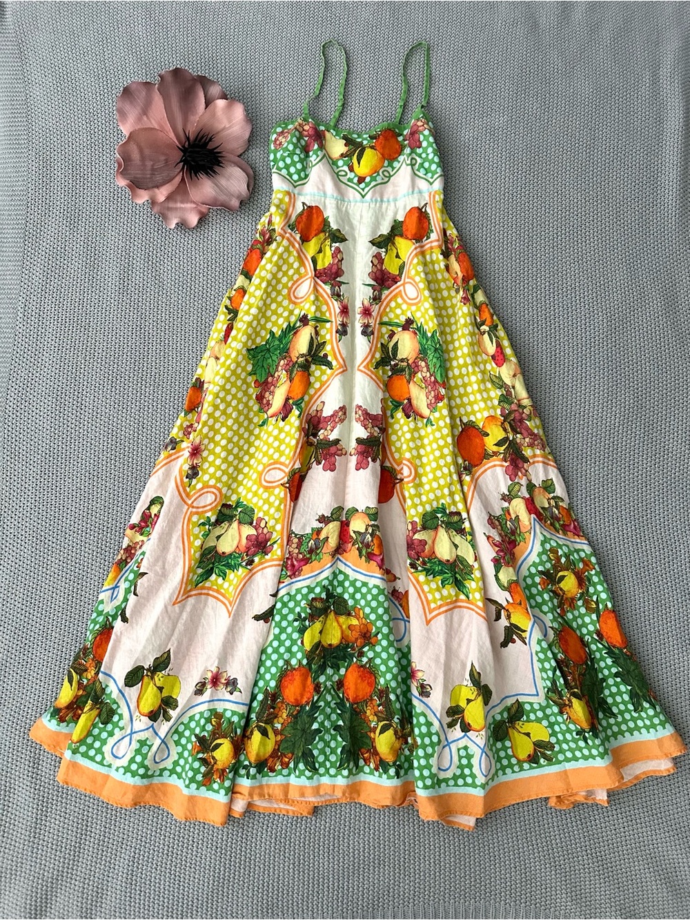 Alemais Lemonis Floral Fruit Print Spaghetti-Strap Maxi Dress US 4